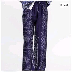 ZARA Palazzo FLOWING PAISLEY PRINT Blue PANTS TROUSERS Sz M